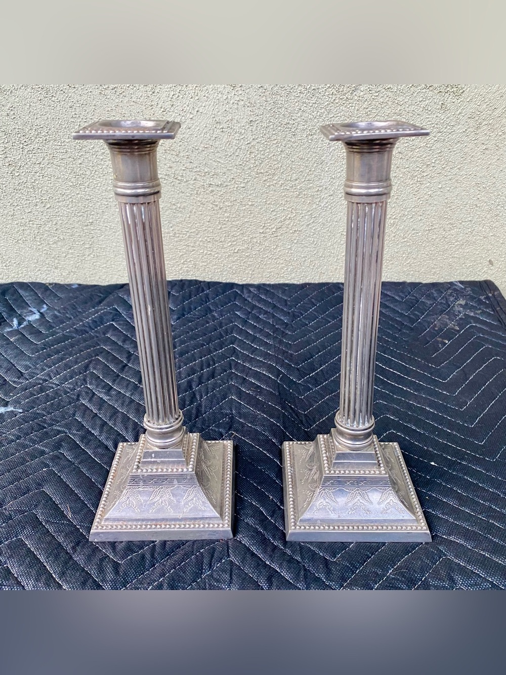Pair of Vintage Silver-Plated Corinthian Column Candlestick Holders 11" Tall
